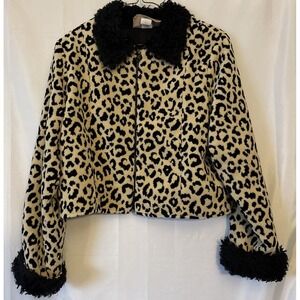 VTG Y2K Painted Pony Women's Leopard Print Cropped Jacket Coat Fur Trim USA SZ S